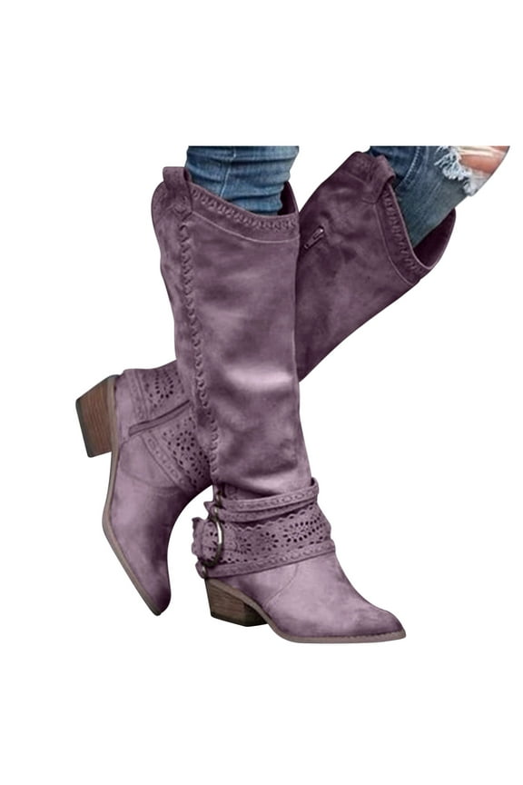 Cowboy Boots for Women Round Toe Low Heel Slouchy Mid Calf Boots with Side Zipper