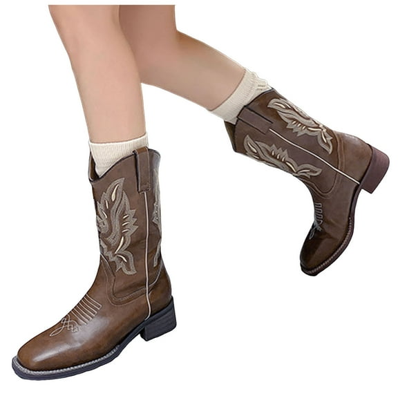 Mostsola Cowboy Boots for Women Square Toe Embroidered Cowgirl Boots Mid Calf Western Boots