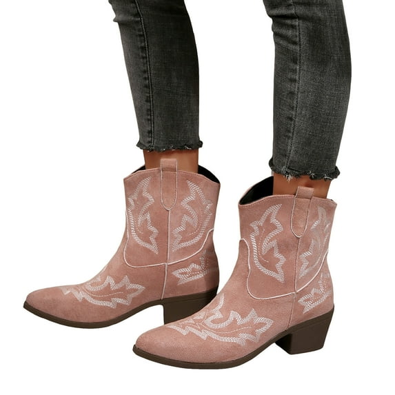 Mostsola Cowboy Boots for Women Suede Vintage Embroidery Western Ankle Boots Pull on Booties