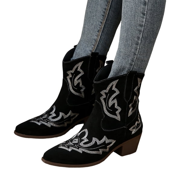 Mostsola Cowboy Boots for Women Suede Vintage Embroidery Western Ankle Boots Pull on Booties