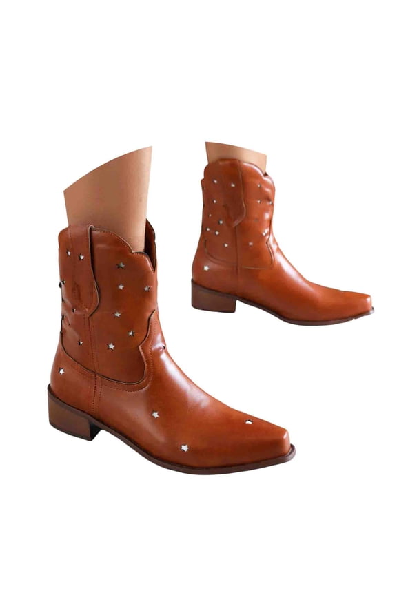 Cowboy Boots for Women Trendy Hollow out Pointed Toe Wide Calf Pull on Western Ankle Boots