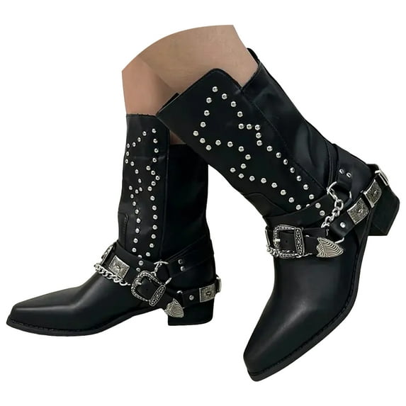Mostsola Cowboy Boots for Women Vintage Goth Rivet Metal Buckle Low Heel Mid Calf Boots