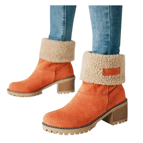 Mostsola Cozy Snow Boots for Women Stacked Heel Winter Mid Calf Boots Furry Lined Short Booties