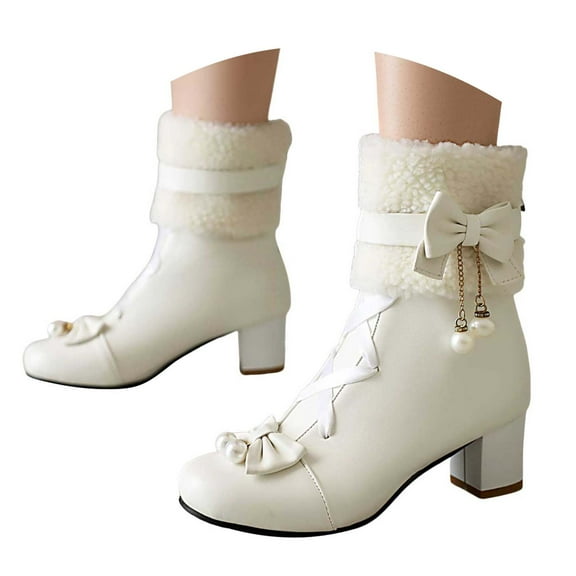 Mostsola Cute Ankle Boots for Women Kawaii Bowknot Winter Snow Boots Block Heeled Short Booties