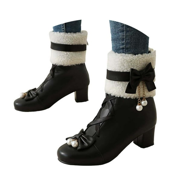 Mostsola Cute Ankle Boots for Women Kawaii Bowknot Winter Snow Boots Block Heeled Short Booties