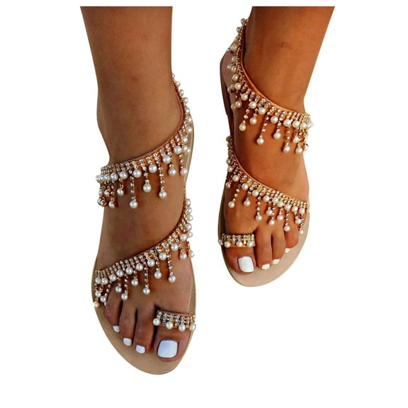 Mostsola Cute Sandals for Women Dressy Summer Beach Tassel Flats Thong Ring Pearl Strappy Flip Flops