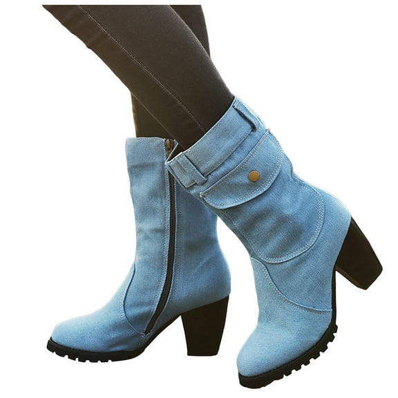 Mostsola Denim Boots for Women Fashion Side Pocket Heeled Lug Sole Zip up Short Ankle Boots