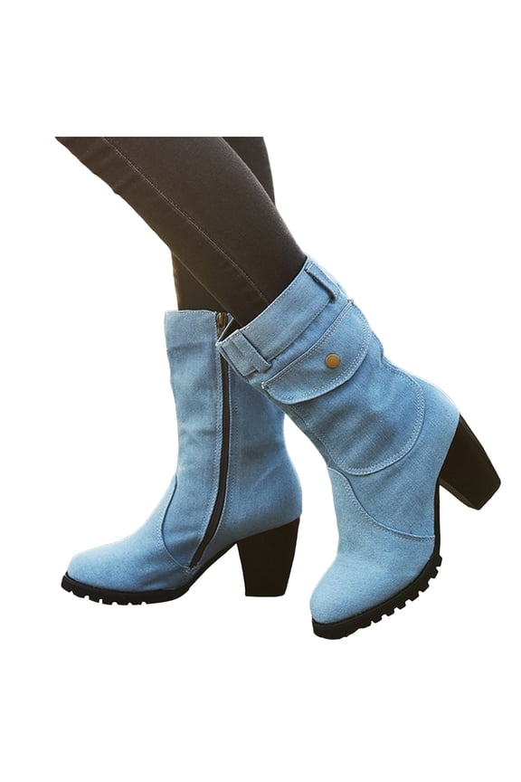 Denim Boots for Women Fashion Side Pocket Heeled Lug Sole Zip up Short Ankle Boots