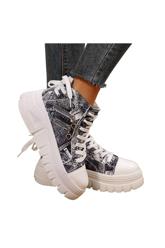 Denim Boots for Women Lace up Vintage Chunky Platform Ankle Boots Trendy Zip Decor Booties