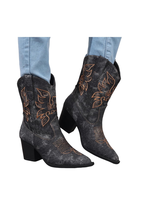 Denim Cowboy Boots for Women Embroidery Cowgirl Boots Pointed Toe Heeled Mid Calf Boots