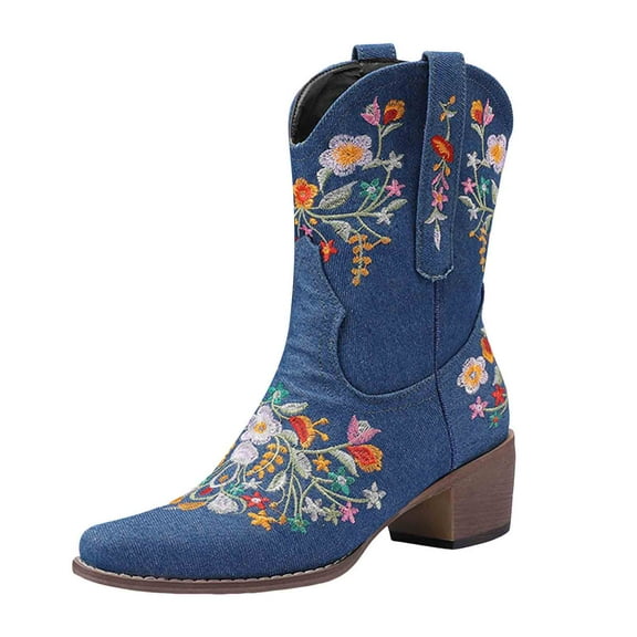 Mostsola Denim Cowboy Boots for Women Floral Embroidery Ankle Boots Heel Pull on Short Boots