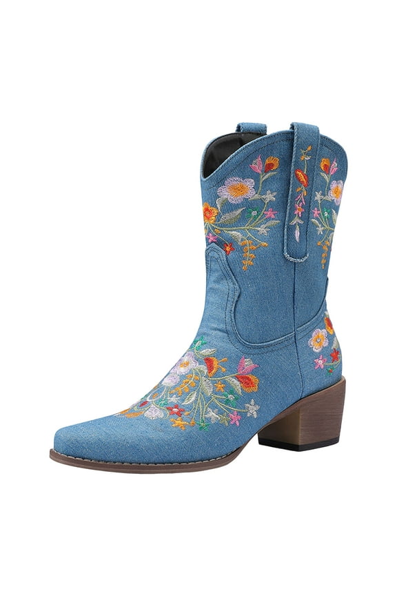Denim Cowboy Boots for Women Floral Embroidery Ankle Boots Heel Pull on Short Boots