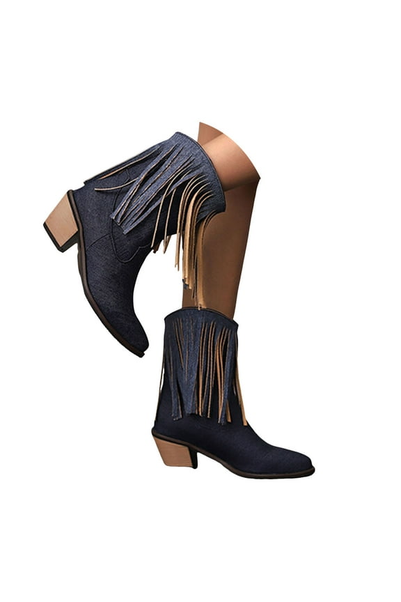 Denim Cowboy Boots for Women Trendy Fringe Pointy Toe Low Heel Short Booties