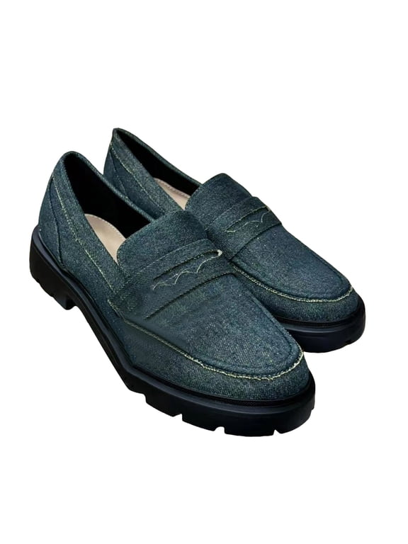 Denim Loafers for Women Platform Heeled Lug Sole Slip on Business Casual Shoes