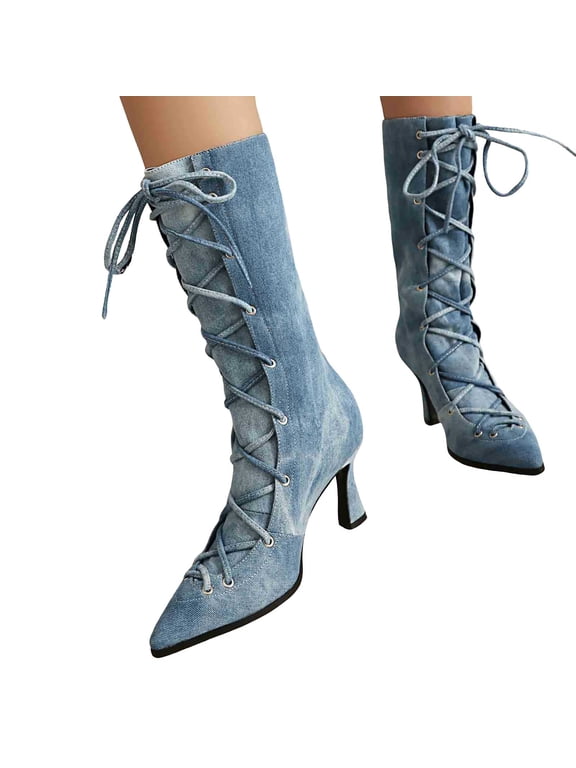Denim Mid Calf Boots for Women Lace up Pointed Toe Heels Fashion Heeled Cowboy Boots