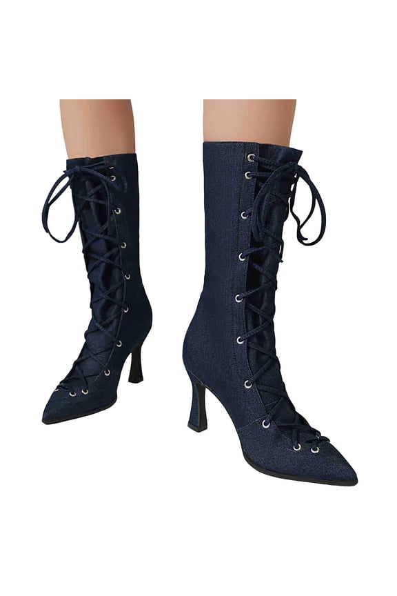 Denim Mid Calf Boots for Women Lace up Pointed Toe Heels Fashion Heeled Cowboy Boots