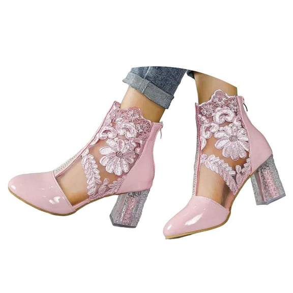 Mostsola Dress Ankle Boots for Women Elegant Embroidery Mesh Clear Heel Zipper Booties