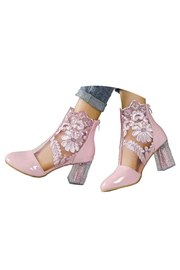 Dress Ankle Boots for Women Elegant Embroidery Mesh Clear Heel Zipper Booties