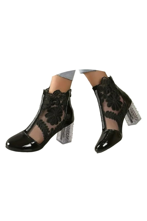 Dress Ankle Boots for Women Elegant Embroidery Mesh Clear Heel Zipper Booties