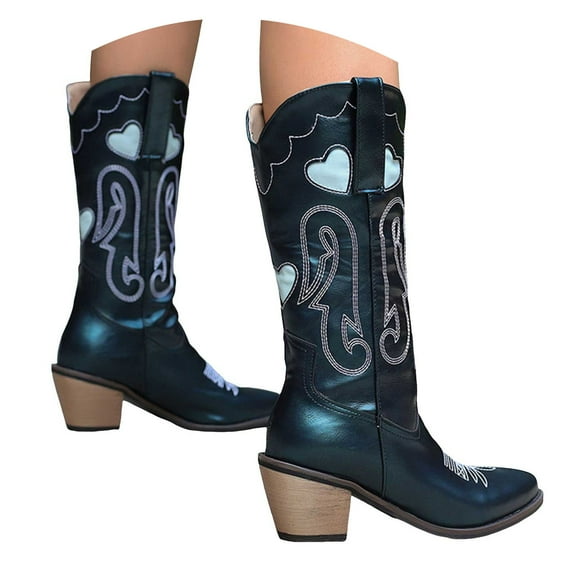 Mostsola Embroidery Cowboy Boots for Women Chunky Heel Pointed Toe Western Hollow out Mid Calf Boots