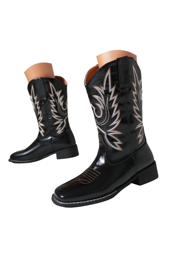 Embroidery Cowboy Boots for Women Fashion Square Toe Wide Mid Calf Western Black Boots