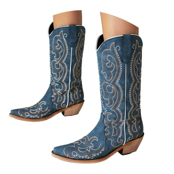 Mostsola Embroidery Cowboy Boots for Women Pull on Western Mid Calf Boots Trendy Tall Boots