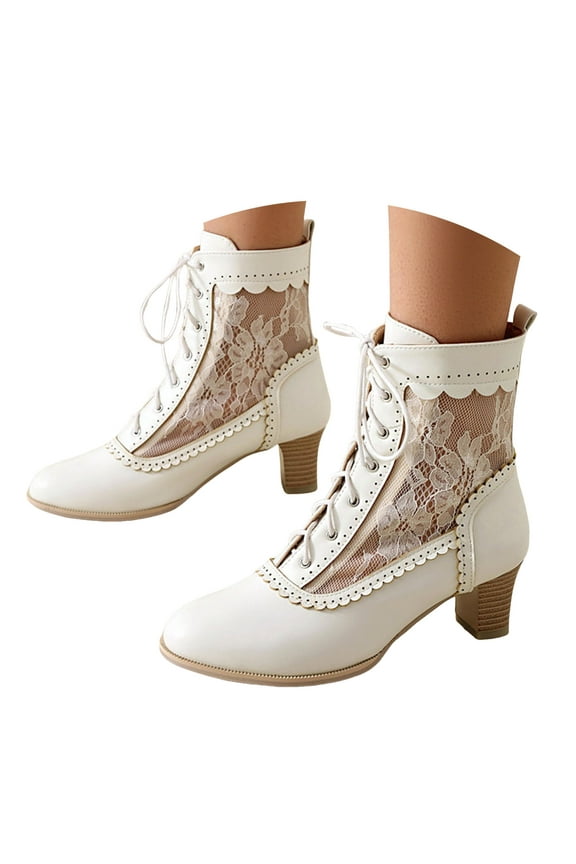 Embroidery Mesh Ankle Boots for Women Round Toe Lace up Vintage 70s Dress Booties
