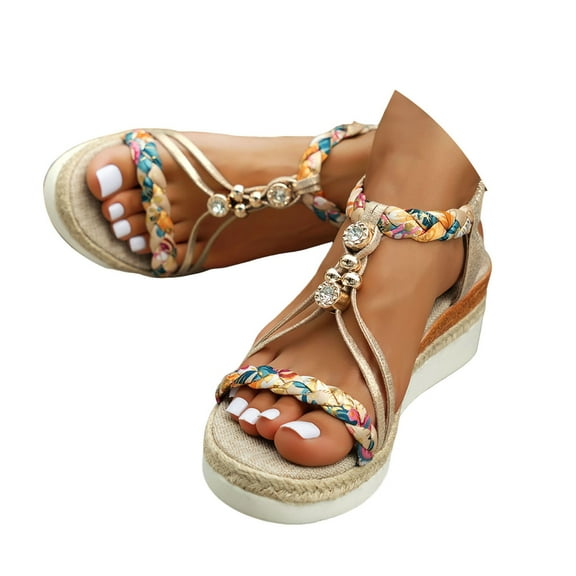 Mostsola Espadrilles Wedges for Women Braided T-Strap Sandals Elastic Ankle Strap Open Toe Shoes