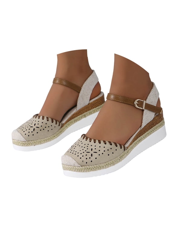 Espadrilles for Women Hollow out Closed Toe Wedge Sandals Ankle Strap Dress Shoes