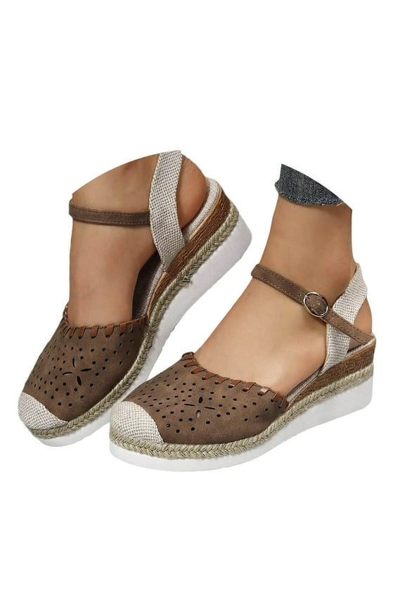 Espadrilles for Women Hollow out Closed Toe Wedge Sandals Ankle Strap Dress Shoes