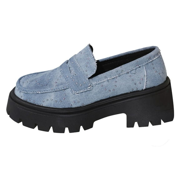 Mostsola Fashion Denim Lug Sole Penny Loafers for Women Thick Sole Low Heeled Slip on Casual Shoes