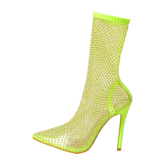 Mostsola Fishnet Ankle Boots for Women Pointy Toe Stiletto Sexy Nightclub Party Rhinestone Boot