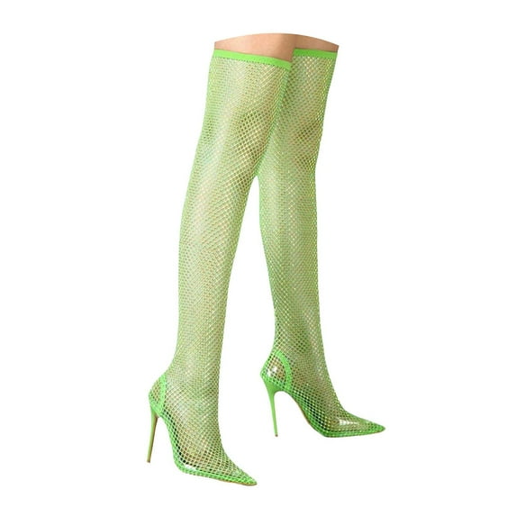 Mostsola Fishnet Thigh High Boots for Women Pointy Toe Stiletto Sexy Nightclub Party Rhinestone Boot