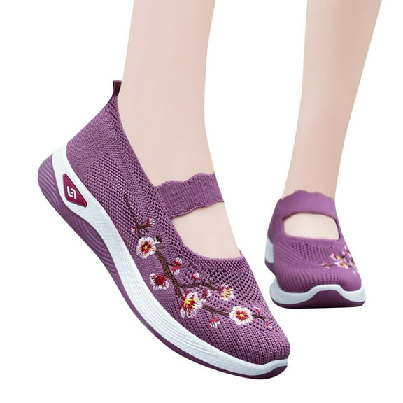 Mostsola Flats for Women Mary Jane Shoes Knit Mesh Embroidery Walking Shoes Comfortable Slip on Shoe