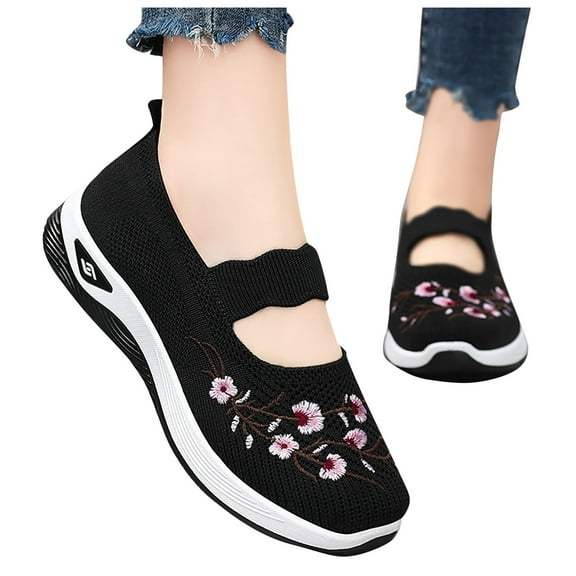 Mostsola Flats for Women Mary Jane Shoes Knit Mesh Embroidery Walking Shoes Comfortable Slip on Shoe