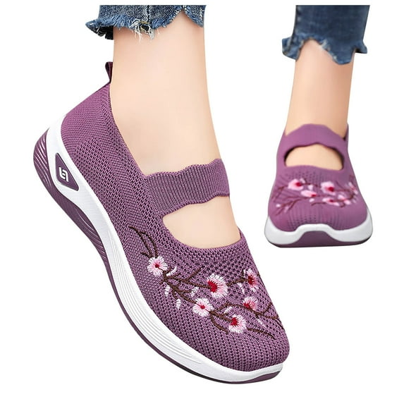 Mostsola Flats for Women Mary Jane Shoes Knit Mesh Embroidery Walking Shoes Comfortable Slip on Shoe