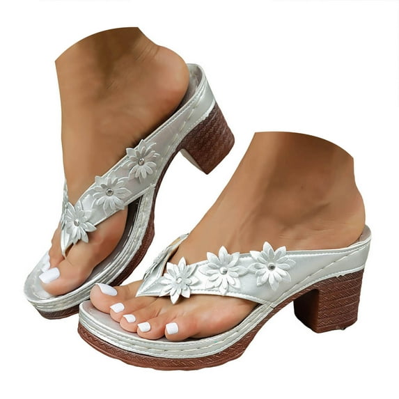 Mostsola Flip Flops for Women Boho Flower Heeled Sandals Slip on Dress Shoes Summer Casual Heels