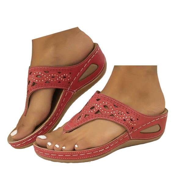 Mostsola Flip Flops for Women Boho Hollow Out Wedge Sandals Trendy Rhinestone Slip on Shoes
