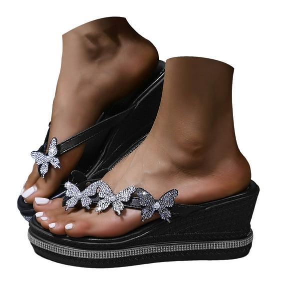 Mostsola Flip Flops for Women Platform Sandals Rhinestone Butterfly Slip on Shoes Wedges Heels