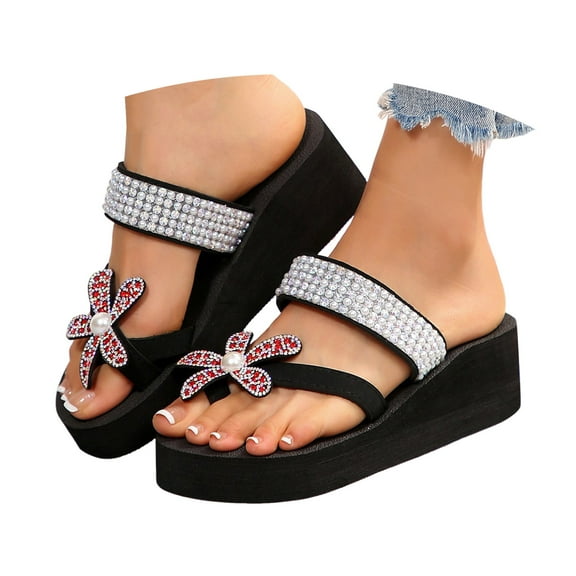 Mostsola Flip Flops for Women Trendy Platform Sandals Floral Rhinestone Wedges Heels Slip on Shoes