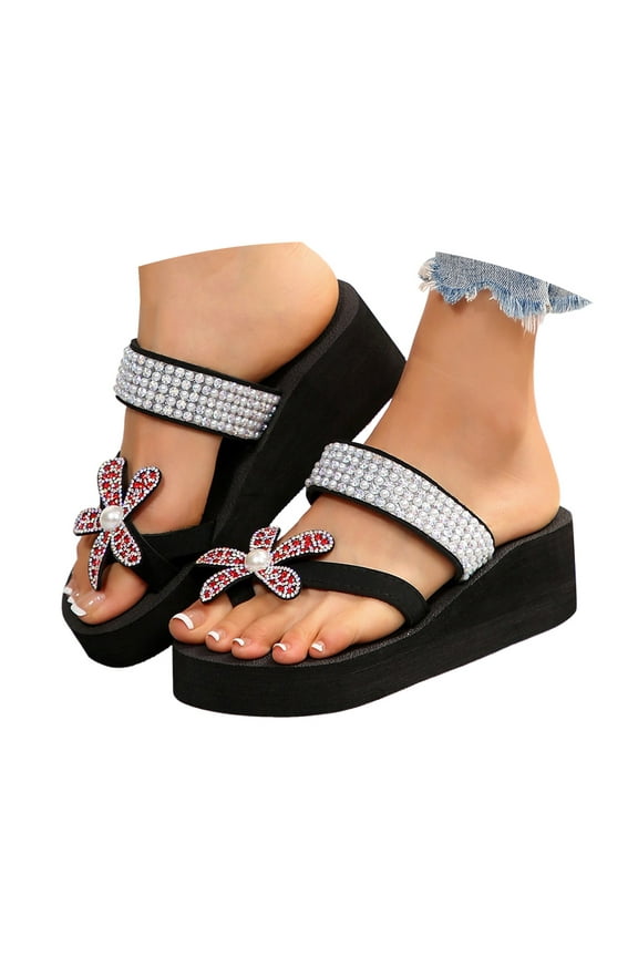 Flip Flops for Women Trendy Platform Sandals Floral Rhinestone Wedges Heels Slip on Shoes