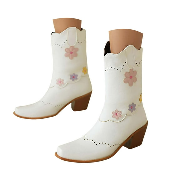 Mostsola Floral Cowboy Boots for Women Square Toe Mid Calf Western Boots Cute Cowgirl Boots