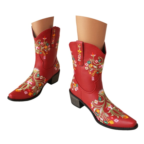 Mostsola Floral Embroidery Cowboy Boots for Women Snip Square Toe Ankle Boots Pull on Short Booties