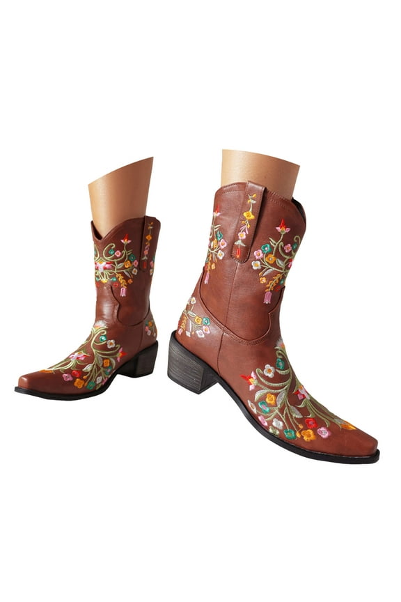 Floral Embroidery Cowboy Boots for Women Snip Square Toe Ankle Boots Pull on Short Booties