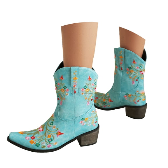Mostsola Floral Embroidery Cowboy Boots for Women Snip Square Toe Ankle Boots Pull on Short Booties