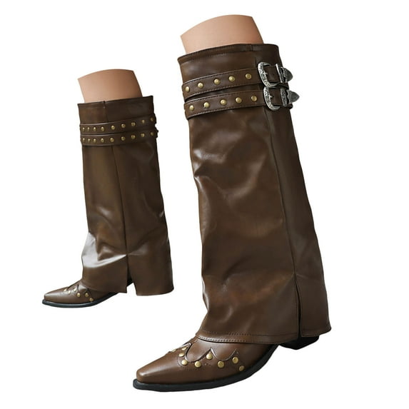 Mostsola Fold Over Boots for Women Pointy Toe Studded Motorcycle Boots Wide Calf Knee High Boots