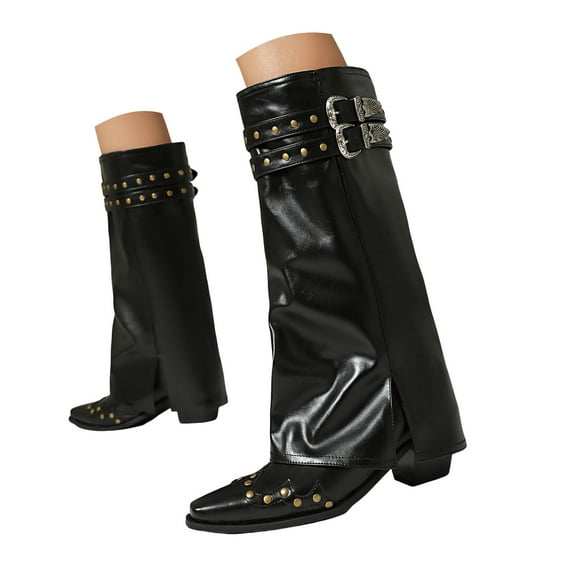 Mostsola Fold Over Boots for Women Pointy Toe Studded Motorcycle Boots Wide Calf Knee High Boots