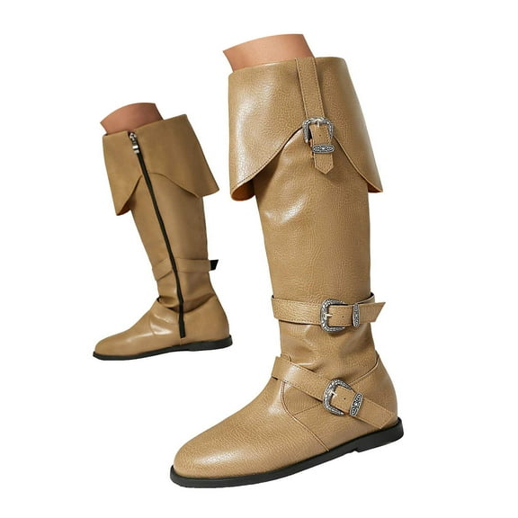 Mostsola Fold Over Boots for Women Retro Knee High Riding Boots Fashion Buckle Strapy Mid Calf Boots
