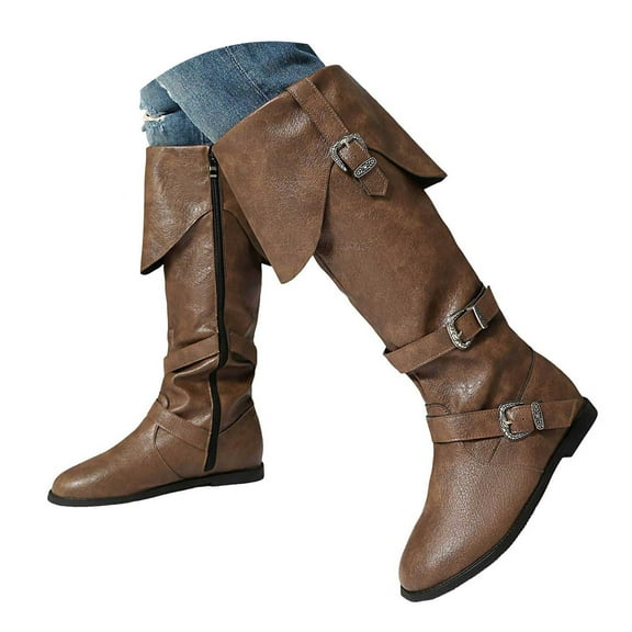 Mostsola Fold Over Boots for Women Retro Knee High Riding Boots Fashion Buckle Strapy Mid Calf Boots