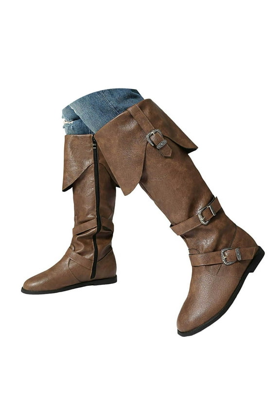 Fold Over Boots for Women Retro Knee High Riding Boots Fashion Buckle Strapy Mid Calf Boots